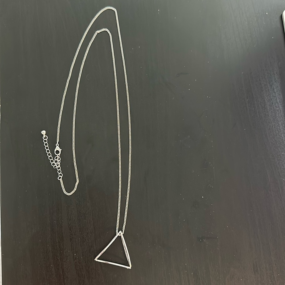 Modern, simple 30” silver metal triangle necklace